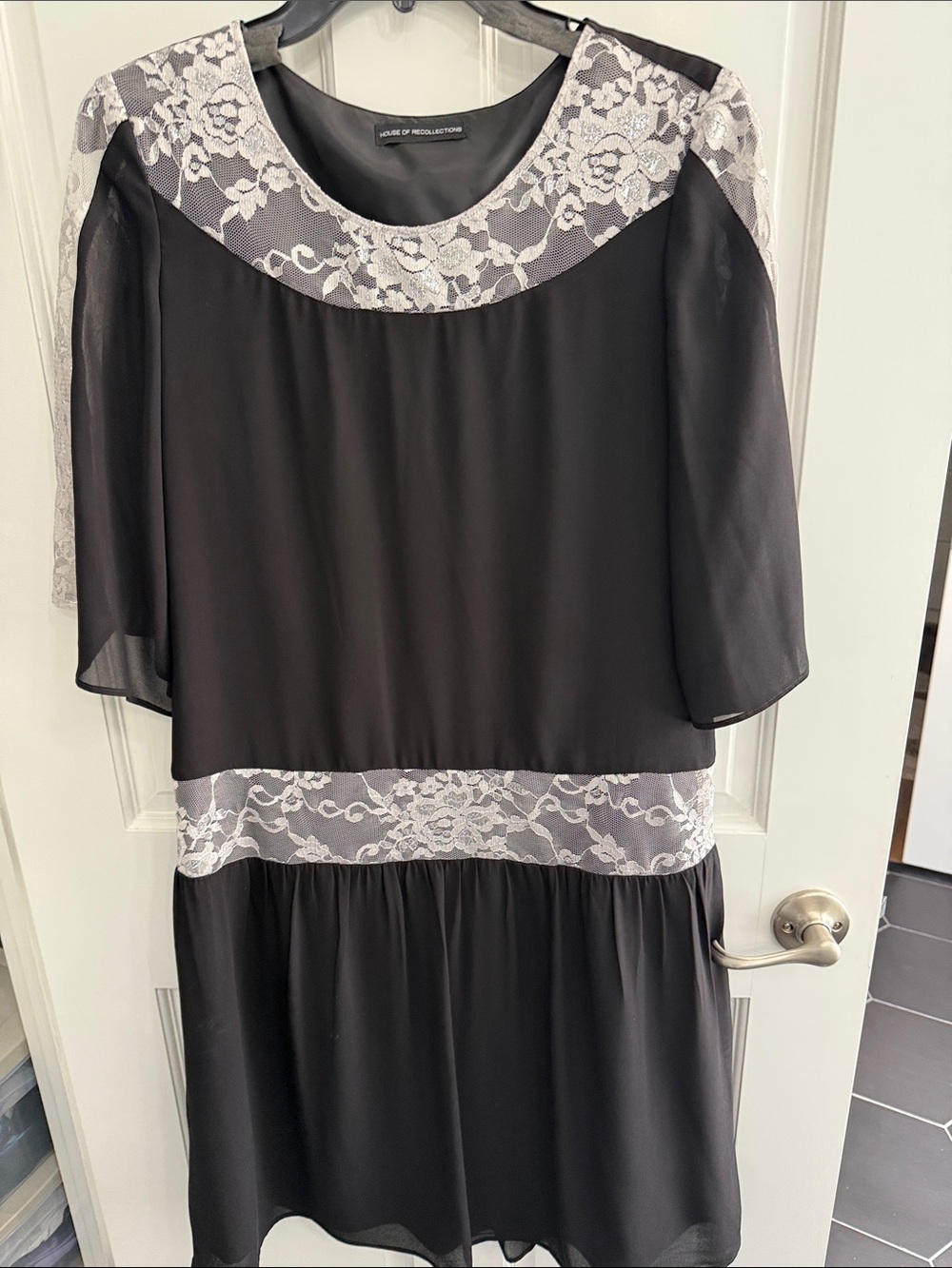 Women's Black Dress with silver Lace Trim with lining. Circa 1920’s dress costum
